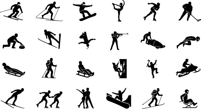 Winter Sports Athlete Silhouette Collection with Skiing, Snowboarding, Figure Skating, Hockey, Curling, Bobsleigh, Sledding, Climbing, and Snow Activities