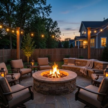Cozy backyard fire pit surrounded by outdoor seating at dusk. Relaxing evening, family gathering, luxury outdoor living, home comfort, summer nights.