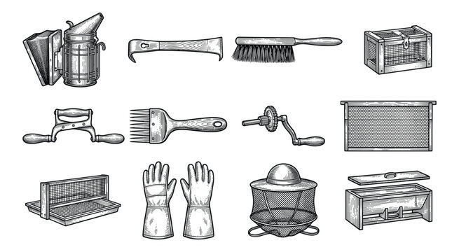 Beekeeping tools set. vintage apiarist equipment. hand drawn honey farm instruments collection.