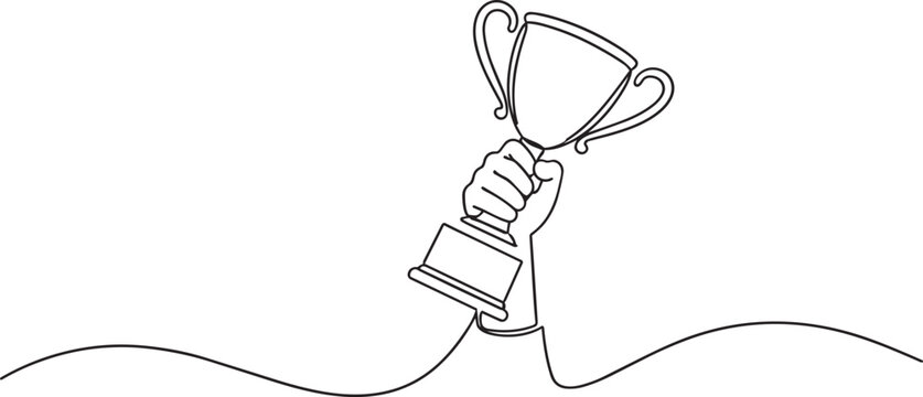 Continuous line drawing of a hand holding a trophy cup