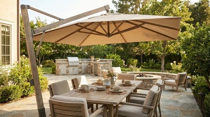 Fototapeta premium Elegant wooden pergola with outdoor dining area in a landscaped backyard. Luxury outdoor living, home entertaining, modern architecture, garden lifestyle.