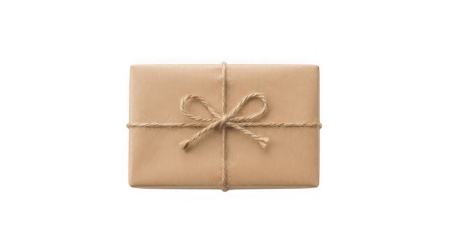 Craft paper gift box with rope bow isolated on transparent background, top view present.