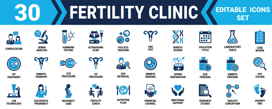 Set of thirty flat fertility clinic icons for medical laboratory and reproductive health care services Minimal solid fill icon set bundle collection. Editable Vector Illustration Mega pack