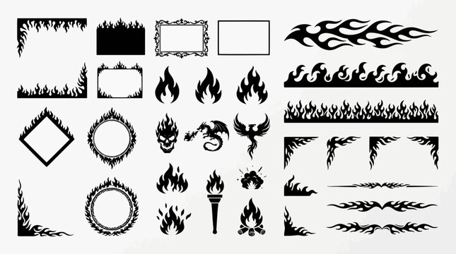 Set of fire flame elements, borders, frames and decorative icons