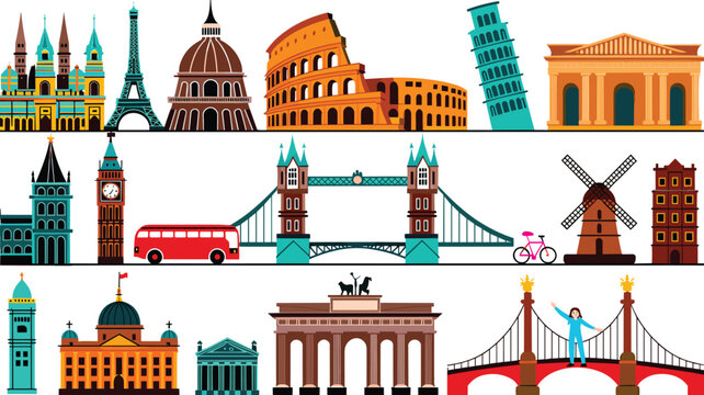 Famous European landmarks vector icon set featuring Eiffel Tower Colosseum Tower Bridge Big Ben and historical travel monuments for tourism