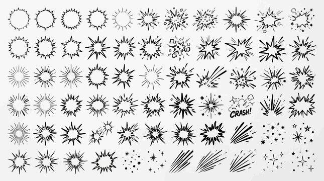 Set of comic book style explosion, burst, and starburst shapes, speech bubbles, and action effect elements