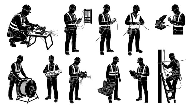 Professional Fiber Optic Technicians Using Telecommunications Tools Black Silhouette Vector Set