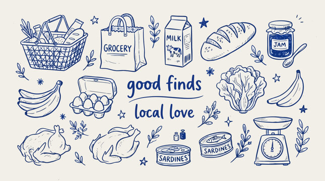 Handdrawn grocery and market items set, doodle style illustration