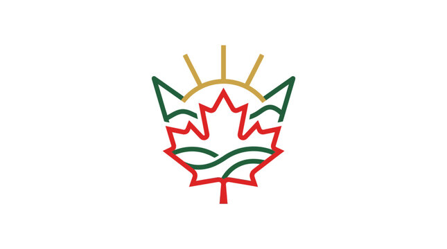 Corporate Logo Design Featuring Stylized Maple Leaf with Red Green and Gold Colors Surrounded by Sun Rays