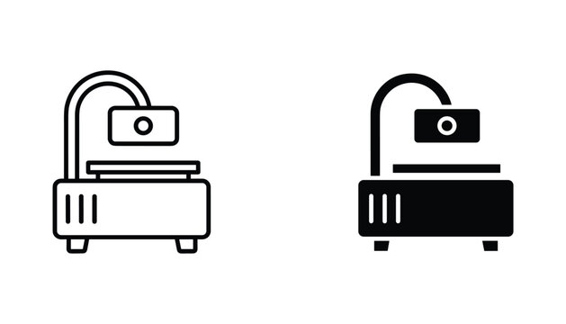 3D printer vector icon isolated on white Black and white outline line art and solid glyph silhouette