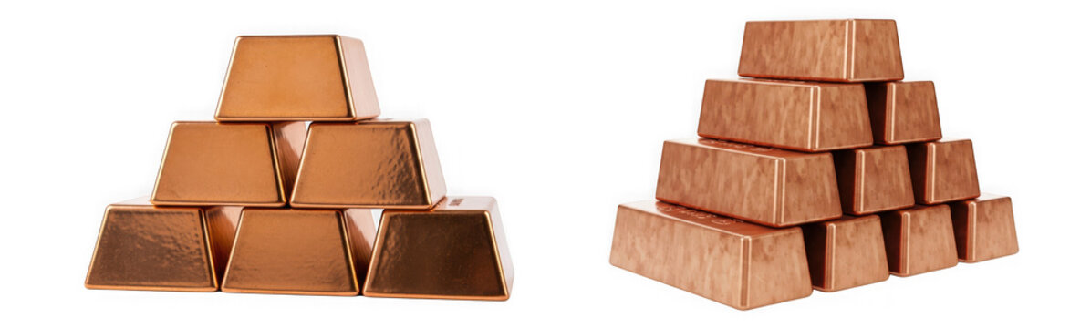 Copper metal ingots stacked in a pyramid shape isolated on transparent background
