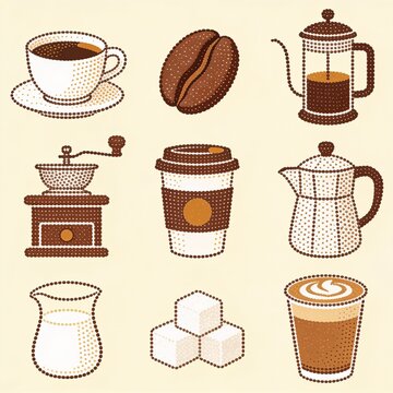 Modern dotwork design - set of 9 stylized icons