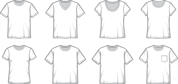 Blank white t-shirt vector mockup collection featuring classic crewneck v-neck scoop neck and front pocket designs for apparel manufacturing tech packs fashion sketch illustration