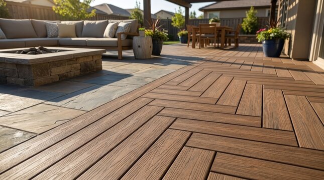 Wooden deck tile sample placed on a modern stone patio. Outdoor flooring, home improvement, landscape design, construction materials, renovation concept.