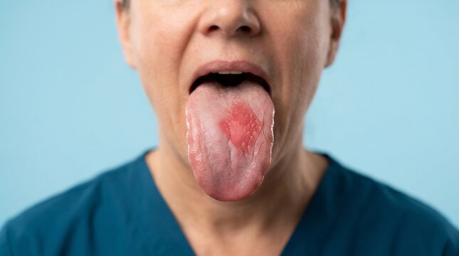 Close-up of a person's tongue showing a red inflamed lesion and mucosal irritation
