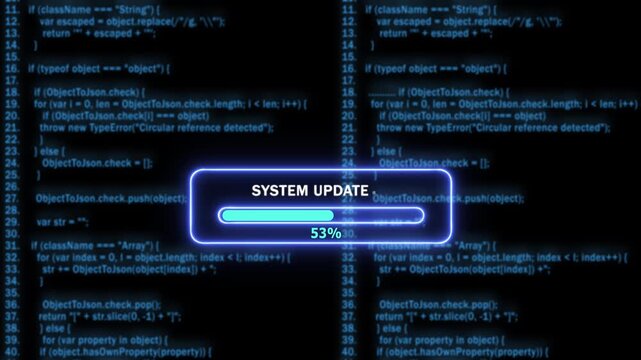 Dynamic system update progress bar overlay with glowing neon blue programming code background, for software development, cyber security, data, processing, and futuristic, digital technology 