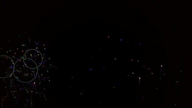 Carnival Confetti Burst Fireworks Animation &ndash; Colorful Confetti Rectangles & Circle Particles, Vibrant Red Yellow Blue Green Purple Orange Explosions, Festival Midway Night Scene, Rotating Sparks VFX 