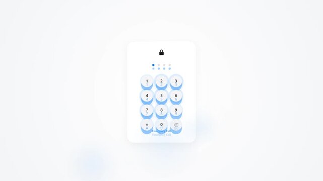 3D rendered minimalist digital security keypad interface featuring blue glowing circular buttons for PIN entry on a clean white background for mobile smartphone lock screen display.