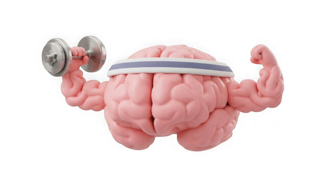 Strong pink brain character lifting dumbbell with athletic headband