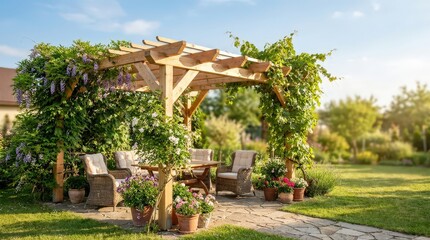 Obraz premium Wooden pergola covered with lush climbing plants in a landscaped garden. Peaceful outdoor retreat, elegant design, backyard living, natural beauty.