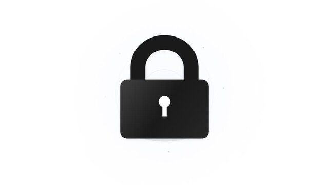 Minimalist black padlock icon centered on a white background with faint circular digital network patterns, representing cybersecurity, data protection, and privacy for digital systems.