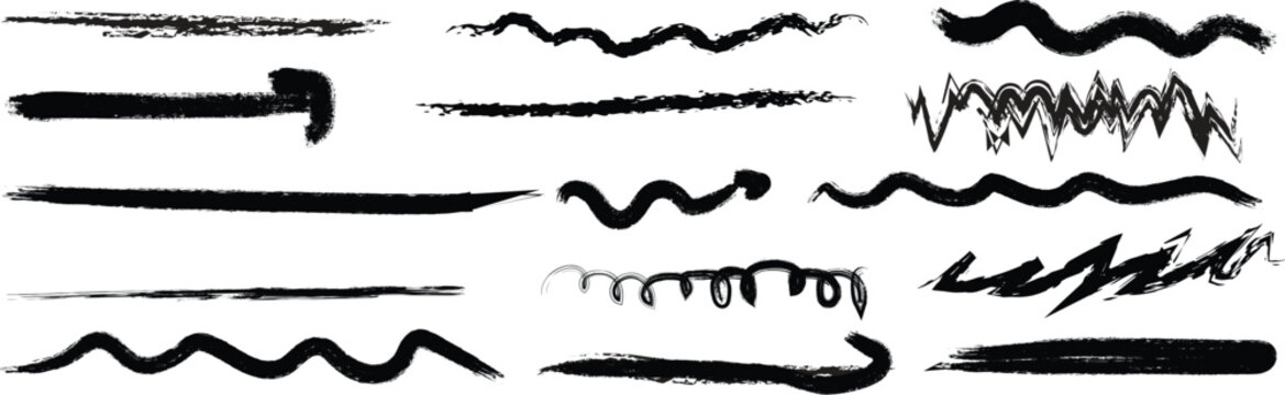Set of hand drawn black ink brush strokes on white background with handwritten