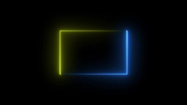 Neon line double Glowing yellow and blue color frame background animation .Rectangle and black background. 4k video.