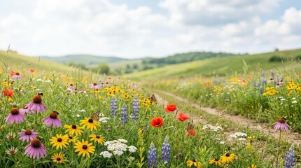 Obraz premium Wildflower meadow in full bloom with a winding country path. Natural landscape, spring blossoms, peaceful countryside, outdoor beauty, seasonal nature.