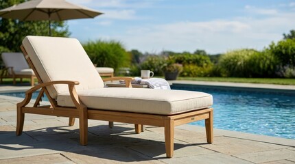 Obraz premium Luxury sun lounger beside a modern swimming pool. Resort style relaxation, outdoor comfort, summer vacation, premium lifestyle, backyard retreat.
