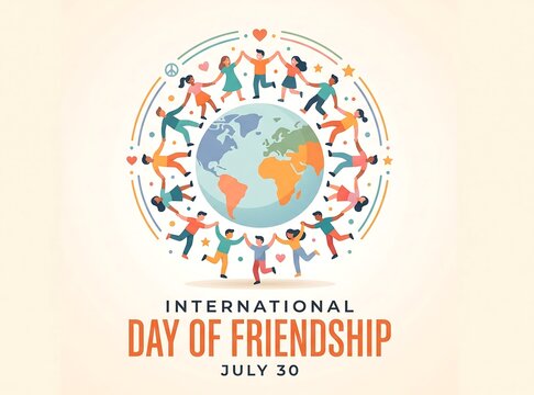 International Day of Friendship celebration with diverse people holding hands around Earth. 