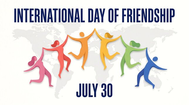 International Day of Friendship celebration with six diverse people holding hands. Vibrant multicultural group forming a unity circle on July 30th
