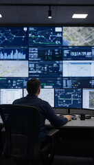 Fototapeta premium Specialist observing complex graphic data charts and system performance metrics on a large wall monitor within a digital command center environment with specialist performance environment