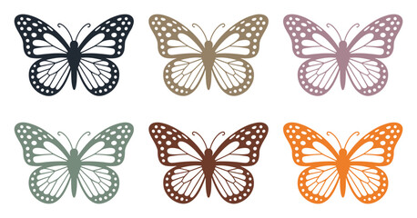 Six Butterflies: A vibrant collection of six intricately designed butterflies, each in a unique color and pattern, arranged in two rows. © SHUVO