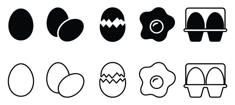 Egg Icons: A collection of diverse egg icons, including whole eggs, cracked eggs, fried eggs, and eggs in a carton, presented in both solid black and outline styles.
