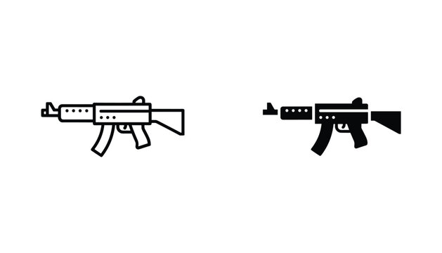 Assault rifle vector icon isolated on white Black and white outline line art and solid glyph silhouette
