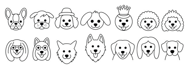 Dog Breed Collection: A delightful assortment of hand-drawn dog faces, showcasing a variety of breeds and expressions, perfect for pet-themed designs and content. © SHUVO