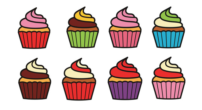 Grid of eight different colorful cupcakes with various frosting swirls and paper liners is shown on a plain white background.