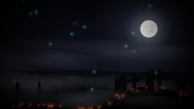 Spooky Graveyard Night Full Moon and Bats Halloween Background Loop