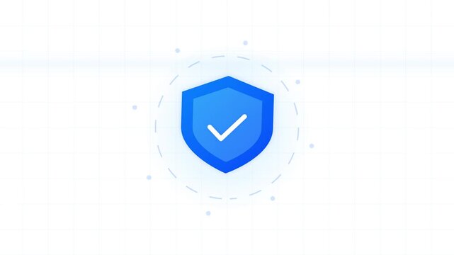 Blue security shield icon with white checkmark symbol for digital protection and verification, centered on a minimalist white grid background with subtle tech elements and dots.