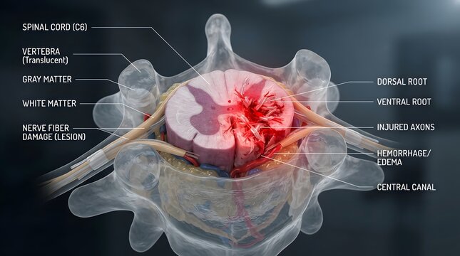 Medical illustration showing spinal cord injury with detailed anatomical labels.