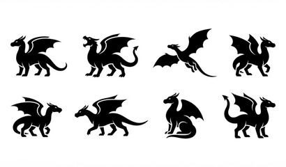 Obraz premium Fantasy Dragon Silhouette Icon Set