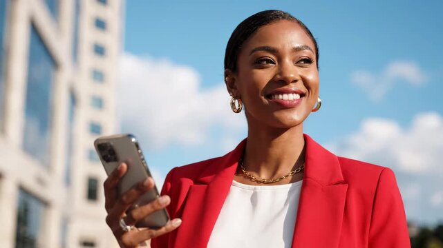 Smiling businesswoman in a red blazer looking at her smartphone