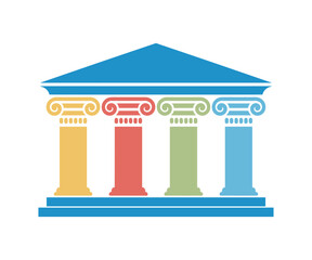 Obraz premium Colorful Abstract Temple Building. A stylized illustration of a modern building with ionic columns, symbolizing stability and different pillars of society or a project.