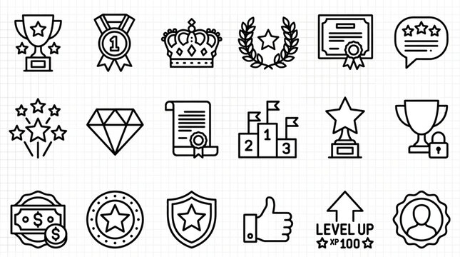 Set of linear award and achievement icons including trophies, medals, badges and rating symbols for gamification and rewards
