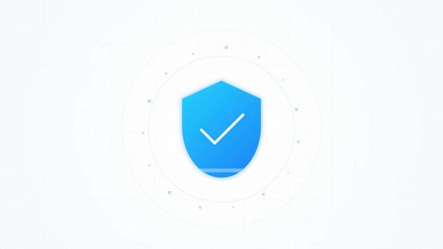 Blue cyber security shield icon with white checkmark symbol on white grid background. Conceptual vector representing digital safety, data protection, and verified network privacy.