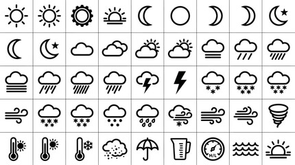 Obraz premium Set of minimal line weather icons showing sun, moon, clouds, rain, snow, wind, temperature and forecast symbols in grid layout
