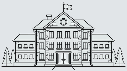 Obraz premium Linear illustration of a classic university campus building with flag and trees on light background