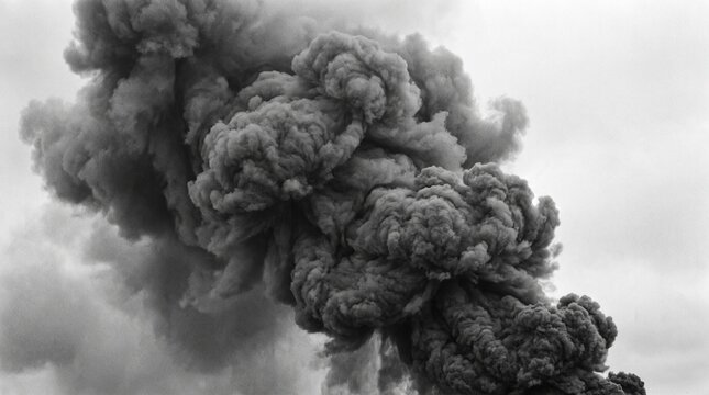Large thick dark smoke cloud rising against a gray overcast sky with smoke stack