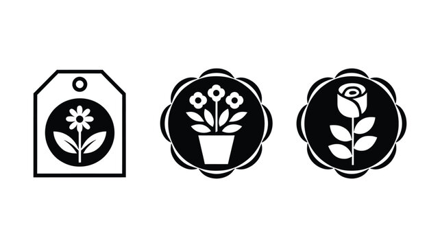 Vector Illustration of Black and White Floral Labels Including Price Tag, Circular Scalloped Badges, Potted Flowers, and Rose Elements.