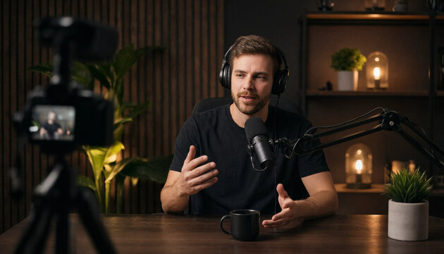 Young man talking into a microphone recording a podcast or content with recording microphone streaming headphones influencer technology communication broadcast internet creative